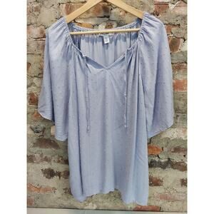 Nine West Jeans Womens Peasant Blouse 2x Light Blue Swiss Dot Flutter Sleeve Top